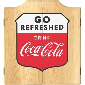 Dart Board Cabinet Set - Coca-Cola Go Refreshed Dart Board with 6 Steel Tip Darts, Scoreboard, Hanging Wood Cupboard by Trademark Gameroom
