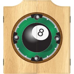 Dart Board Cabinet Set - Rack'em 8-Ball Dart Board with 6 Steel Tip Darts, Scoreboard, Hanging Wood Cupboard by Trademark Gameroom