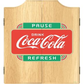 Dart Board Cabinet Set - Coca-Cola Pause Refresh Dart Board with 6 Steel Tip Darts, Scoreboard, Hanging Wood Cupboard by Trademark Gameroom