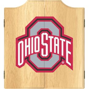 Dart Board Cabinet Set - Ohio State University Logo Dart Board with 6 Steel Tip Darts, Scoreboard, Hanging Wood Cupboard by Trademark Gameroom