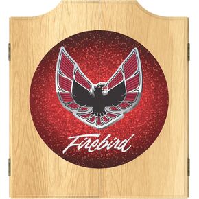 Dart Board Cabinet Set - Pontiac Firebird Red Dart Board with 6 Steel Tip Darts, Scoreboard, Hanging Wood Cupboard by Trademark Gameroom