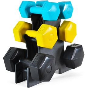 مجموعة الدمبل المغلفة بالفينيل الملون من Signature Fitness مع حامل، مجموعة بوزن 32 رطلاً مع حامل، 3 رطل، 5 رطل، 8 رطل (3 أزواج) in Kuwait