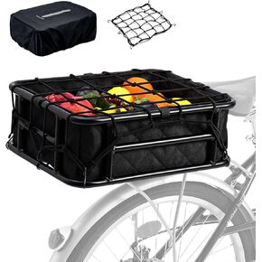 Rear Bike Basket with Rainproof Cover and Cargo Net and Liner, Large Rear Bike Rack Basket for Bike, Heavy Duty Metal Rear Bicycle Basket Perfect Mount for Electric Bike WOOFOPT