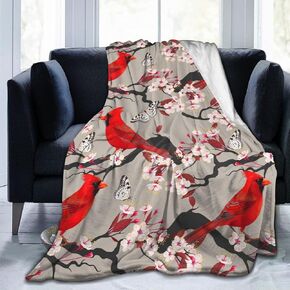 Lightweight Microfiber Plush Throw Blanket Air Conditioner for Couch Bed Sofa Travel All Seasons… (Cardinals Birds Cherry Flowers, 60"×80")