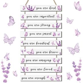 Burbell 9 Pcs Purple Butterfly Wooden Hanging Wall Art Purple Butterfly Decor Inspirational Flower Purple Wooden Room Wall Decor Signs for Girl Women Bedroom Living Room Kitchen Office