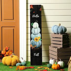 Dandat 42 Inch Hello Fall Pumpkin Porch Sign Thanksgiving Wooden Decorations Outdoor Farmhouse Vertical Hanging Sign Thanksgiving Welcome Sign for Fall Harvest Autumn Indoor Front Porch Decorations