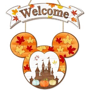 Fall Mouse Welcome Door Sign, Thanksgiving Wall Decor Autumn Harvest Mouse Wood Hanging Sign for Front Door, Porch Plaque Wooden Thanksgiving Pumpkin Maple Leaf Door Decor, Fall Party Supplies