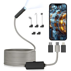 كاميرا المنظار مع الضوء، بوريسكوب مع 8 مصابيح LED قابلة للتعديل، المنظار مع كاميرا ثعبان شبه صلبة بطول 16.4 قدم، كاميرا فحص مقاومة للماء IP67 لنظامي iOS وأندرويد (رمادي) in Kuwait