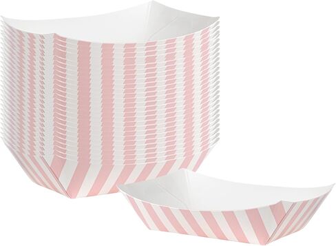 Restaurantware Bio Tek 4 Ounce Paper Boats, 50 Disposable #25 Food Trays - PE Lining, Durable, Pink And White Striped Paper Food Baskets, For Concession Stands, Picnics, or Fairs in Saudi Arabia
