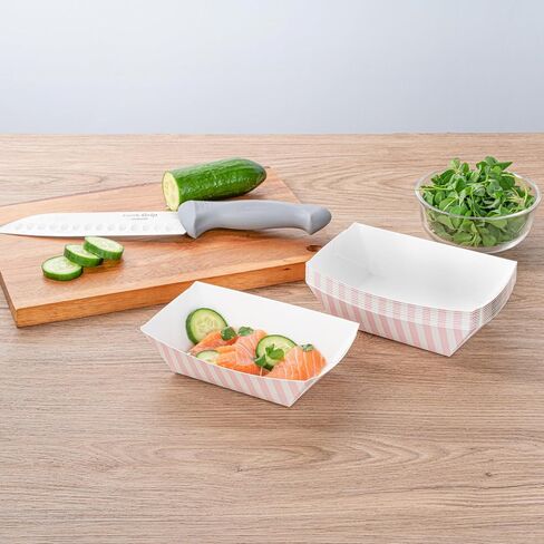Restaurantware Bio Tek 4 Ounce Paper Boats, 50 Disposable #25 Food Trays - PE Lining, Durable, Pink And White Striped Paper Food Baskets, For Concession Stands, Picnics, or Fairs in Saudi Arabia