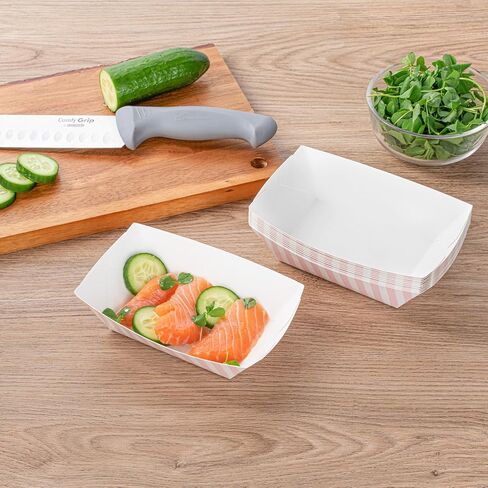 Restaurantware Bio Tek 4 Ounce Paper Boats, 50 Disposable #25 Food Trays - PE Lining, Durable, Pink And White Striped Paper Food Baskets, For Concession Stands, Picnics, or Fairs in Saudi Arabia