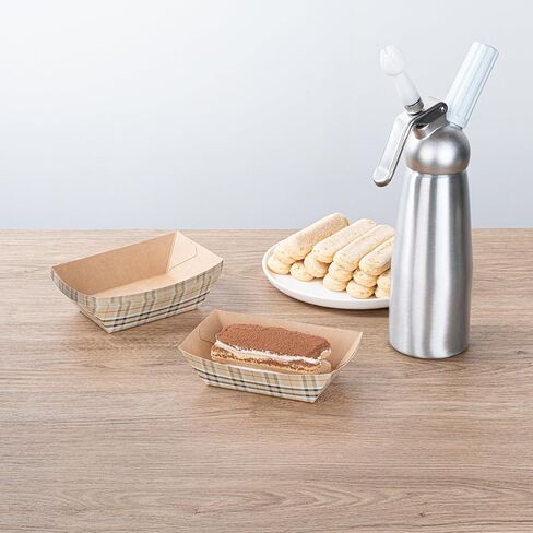 Restaurantware Bio Tek 4 Ounce Paper Boats, 50 Disposable #25 Food Trays - PE Lining, Durable, Pink And White Striped Paper Food Baskets, For Concession Stands, Picnics, or Fairs in Saudi Arabia