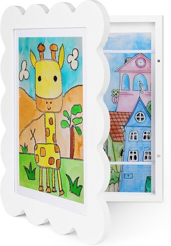 إطارات فنية للأطفال من Solfres بفتحة أمامية مقاس 9x12 و8.5x11 مع حصيرة، مجموعة من 2، إطارات عمل فنية للأطفال قابلة للتغيير، إطار صورة مع تخزين يحمل 150 رسمًا، عرض للمشروعات الفنية ثلاثية الأبعاد، أبيض in Kuwait