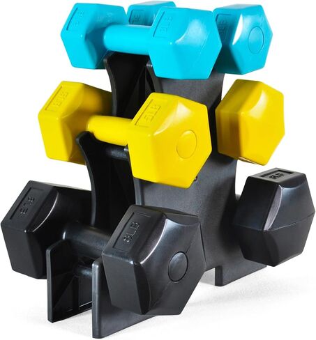 مجموعة الدمبل المغلفة بالفينيل الملون من Signature Fitness مع حامل، مجموعة بوزن 32 رطلاً مع حامل، 3 رطل، 5 رطل، 8 رطل (3 أزواج) in Kuwait