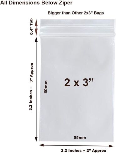 2 مل 2.2 × 3.2 100 عدد (2 × 3 سحاب صغير) أكياس بولي بسحاب شفافة قابلة لإعادة الإغلاق مع قفل قابل للإغلاق للأدوية والمجوهرات والإلكترونيات ومغلفات البذور وقطع الألعاب وتغليف التخزين (100) in Saudi Arabia
