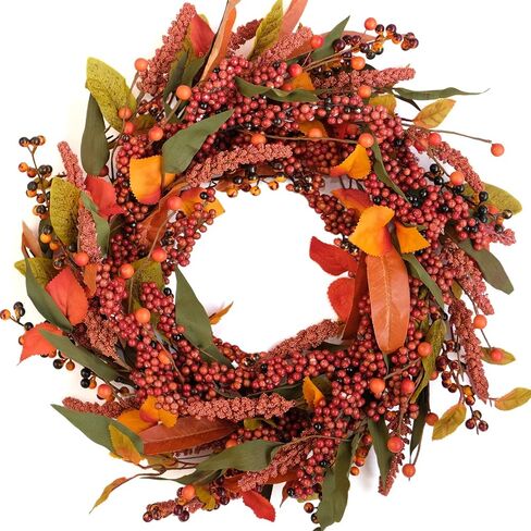 Bibelot Fall Wreath Artificial Berry Wreath Green Leaves for Front Door Autumn Wreaths Farmhouse Home Office Wedding Party Wall Decor … (14 in Wreath) in Saudi Arabia