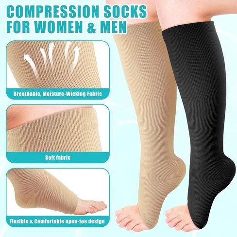 4 Pairs Compression Socks,Open Toe Compression Socks 15-20 mmHg,Compression Stockings for Women & Men,Toeless Compression Socks,Knee High Length Stockings for Circulation Support in Kuwait