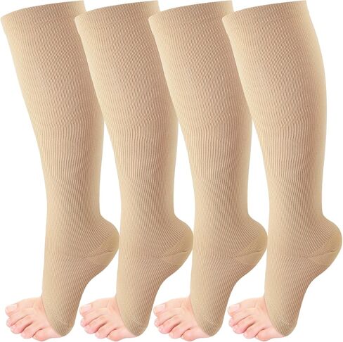 4 Pairs Compression Socks,Open Toe Compression Socks 15-20 mmHg,Compression Stockings for Women & Men,Toeless Compression Socks,Knee High Length Stockings for Circulation Support in Kuwait