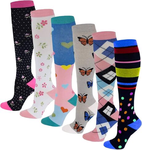 6 Pairs Pack Graduated Colorful Travel Athletic Cotton Compression Knee High Socks (6 Pairs Assorted, L/XL) in Saudi Arabia