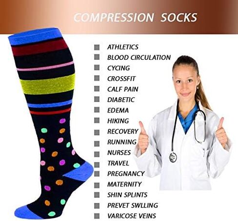 6 Pairs Pack Graduated Colorful Travel Athletic Cotton Compression Knee High Socks (6 Pairs Assorted, L/XL) in Saudi Arabia