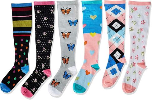 6 Pairs Pack Graduated Colorful Travel Athletic Cotton Compression Knee High Socks (6 Pairs Assorted, L/XL) in Saudi Arabia