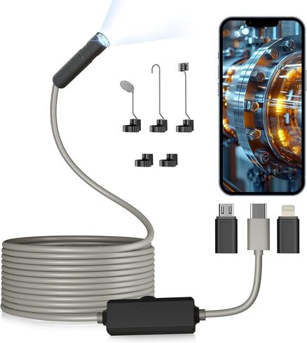 كاميرا المنظار مع الضوء، بوريسكوب مع 8 مصابيح LED قابلة للتعديل، المنظار مع كاميرا ثعبان شبه صلبة بطول 16.4 قدم، كاميرا فحص مقاومة للماء IP67 لنظامي iOS وأندرويد (رمادي) in Kuwait