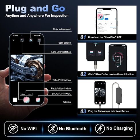 كاميرا المنظار مع الضوء، بوريسكوب مع 8 مصابيح LED قابلة للتعديل، المنظار مع كاميرا ثعبان شبه صلبة بطول 16.4 قدم، كاميرا فحص مقاومة للماء IP67 لنظامي iOS وأندرويد (رمادي) in Kuwait