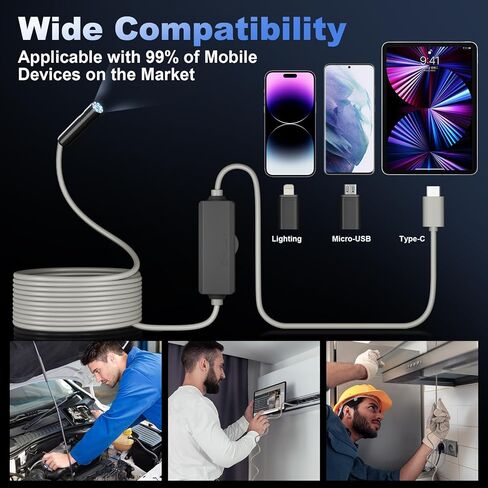 كاميرا المنظار مع الضوء، بوريسكوب مع 8 مصابيح LED قابلة للتعديل، المنظار مع كاميرا ثعبان شبه صلبة بطول 16.4 قدم، كاميرا فحص مقاومة للماء IP67 لنظامي iOS وأندرويد (رمادي) in Kuwait