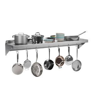Metal Multifunctional Storage Rack with Backplash for Kitchen, [NSF Certified] 12" x 48" Stainless Steel Wall Mount Shelf with 7 Hooks for Hanging Pots, Pans,cookware in Home and Restaurant