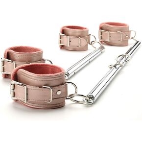 Sovyime 2pcs Silver Portable Exercise Spreader Bar with 4pcs Fur Pink Adjustable Straps, Restore Pilates Sports Aid Training Fitness Gear Pilates Aid Kit, Home Yoga Gym Kit