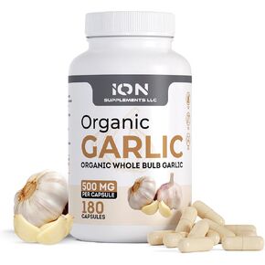 Ion Supplements | Herbal Organic Whole Bulb Garlic Capsules | 500 mg per Cap, 180 Caps | No Fillers or Flow Agents | 100% Natural Roots