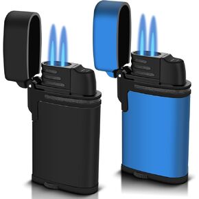 Mini Double Torch Lighter Windproof Butane Refillable Lighters Compact Pocket Gas Torch with Dust Cover, 2 Pack (Butane Not Included) (Black+Sky Blue)