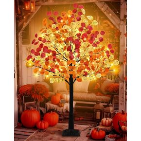 4FT Lighted Fall Eucalyptus Tree, Thanksgiving Decor Faux Fall Eucalyptus Tree with Timer Dimmable 8 Modes 48 LED Light Up Fall Artificial Tree with 288 Leaves for Home Indoor Outdoor Autumn