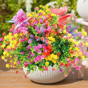 24PCS Artificial Flowers Outdoors,Realistic UV Resistant Faux Plants, Indoor Outside Home Farmhouse Hanging Planter Porch Patio Yard Decor,Plastic Fake Floral Bouquets for Birthday Wedding Décor