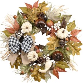 Valery Madelyn Fall Wreath for Front Door, 20" Maple Leaves Farmhouse Fall Decorations for Home, Autumn Harvest Pumpkin Wreath for Outdoor Indoor Table Centerpiece Thanksgiving Halloween Decor