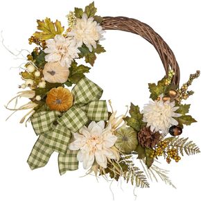 24" Artificial Fall Floral Wreath for Front Door Autumn Wreath with Pumpkin Peony Hydrangea for Halloween Thanksgiving Day Indoor Outdoor Farmhouse Window Wall Décor
