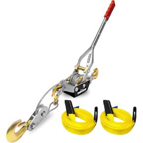 Come Along Chain Winch Ratchet Tool 5T Heavy Duty 3 Hooks Steel Cable Dual Gear Power Puller Two 1" x8FT Lifting Straps Hand Winch Cable Automotive Hoist Winch Puller Recovery Gear