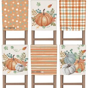 Shellwei 6 Pcs Fall Chair Covers Orange Thanksgiving Pumpkin Chair Back Covers 18.1 x 21.7 Inch Autumn Hello Fall Removable Dining Seat Covers for Home Decor Thanksgiving Party Restaurant Hotel