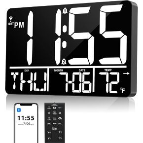 13" Large Digital Wall Clock with Remote, Bluetooth Connection, 25 Ringtones, Dual Alarm, 0-100% Auto or Custom Brightness, 12/24H, Auto DST, for Living Room, Kitchen, Office, Elderly（Red）