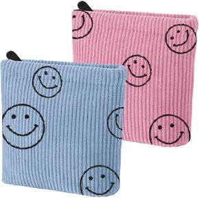 2 PCS Preppy Corduroy Period Bag for School Teen Girls, Cute Smiley Face Sanitary Napkin Storage Bag Portable Period Pouch with Zipper, Sanitary Pads Bag Tampons Holder for Purse First Period