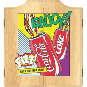 Dart Board Cabinet Set - Coca-Cola Pop Art Cans Dart Board with 6 Steel Tip Darts, Scoreboard, Hanging Wood Cupboard by Trademark Gameroom
