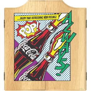 Dart Board Cabinet Set - Coca-Cola Pop Art Dart Board with 6 Steel Tip Darts, Scoreboard, Hanging Wood Cupboard by Trademark Gameroom
