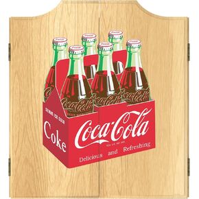 Dart Board Cabinet Set - Coca-Cola 6 Pack Dart Board with 6 Steel Tip Darts, Scoreboard, Hanging Wood Cupboard by Trademark Gameroom