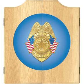 Dart Board Cabinet Set - Police Officer Dart Board with 6 Steel Tip Darts, Scoreboard, Hanging Wood Cupboard by Trademark Gameroom
