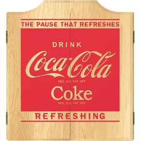 Dart Board Cabinet Set - Coca-Cola Refreshing Dart Board with 6 Steel Tip Darts, Scoreboard, Hanging Wood Cupboard by Trademark Gameroom