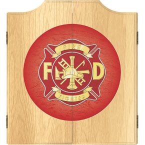 Dart Board Cabinet Set - Fire Fighter Dart Board with 6 Steel Tip Darts, Scoreboard, Hanging Wood Cupboard by Trademark Gameroom