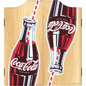 Dart Board Cabinet Set - Coca-Cola Twin Bottles with Straw Bottle Art Dart Board with 6 Steel Tip Darts, Scoreboard, Hanging Wood Cupboard by Trademark Gameroom