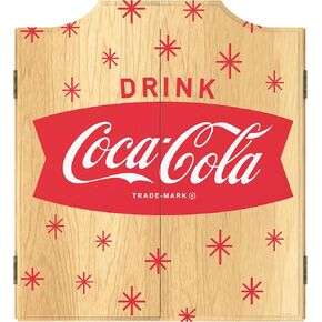 Dart Board Cabinet Set - Coca-Cola Star Dart Board with 6 Steel Tip Darts, Scoreboard, Hanging Wood Cupboard by Trademark Gameroom
