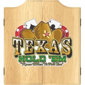Dart Board Cabinet Set - Texas Hold 'em Logo Dart Board with 6 Steel Tip Darts, Scoreboard, Hanging Wood Cupboard by Trademark Gameroom