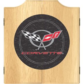 Dart Board Cabinet Set - Corvette C5 Black Dart Board with 6 Steel Tip Darts, Scoreboard, Hanging Wood Cupboard by Trademark Gameroom
